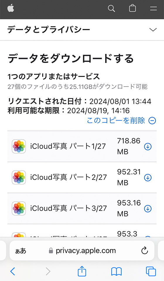 AppleのデータとプライバシーでiCloud写真をコピー