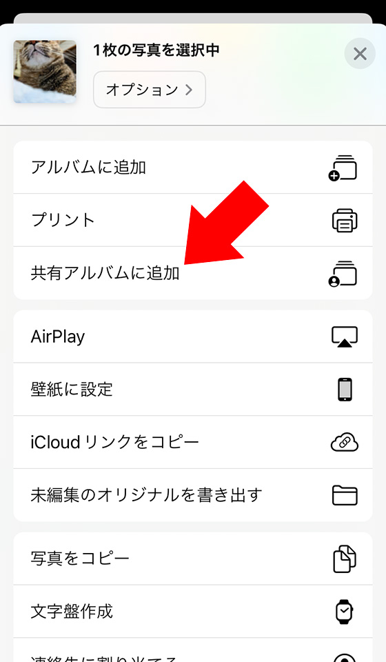 iPhoneの共有アルバムに写真を追加