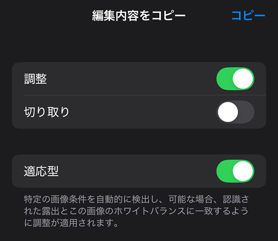 iOS18の写真アプリで編集内容をコピー