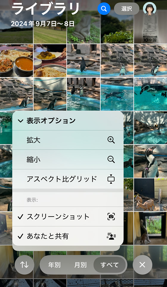 iPhone標準の写真アプリでライブラリの表示オプションがスクリーンショットとあなたに共有にチェック（iOS18）