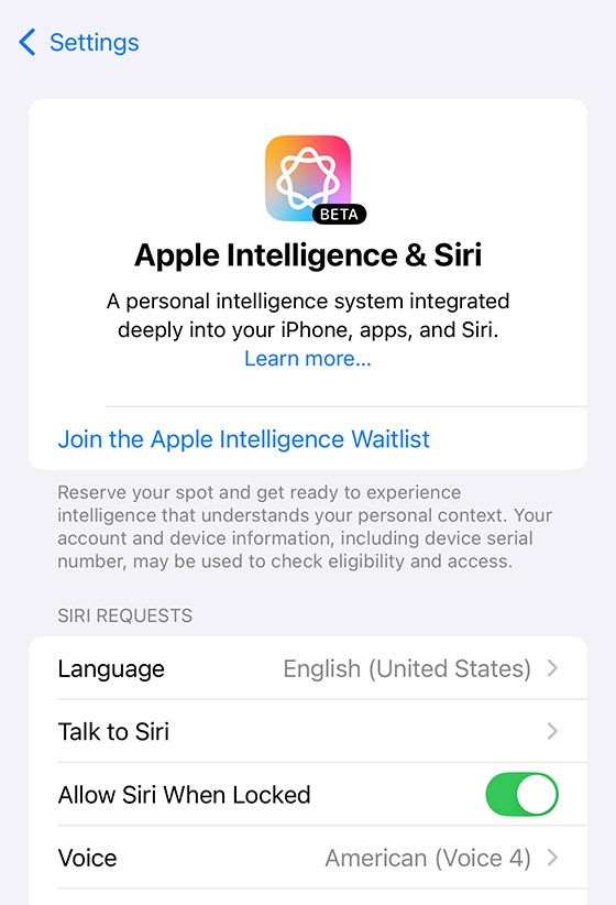 AppleIntelligence&Siriベータ版の設定画面（米国英語）