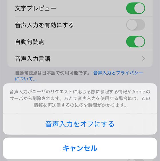 iPhoneの設定アプリで音声入力をオフ